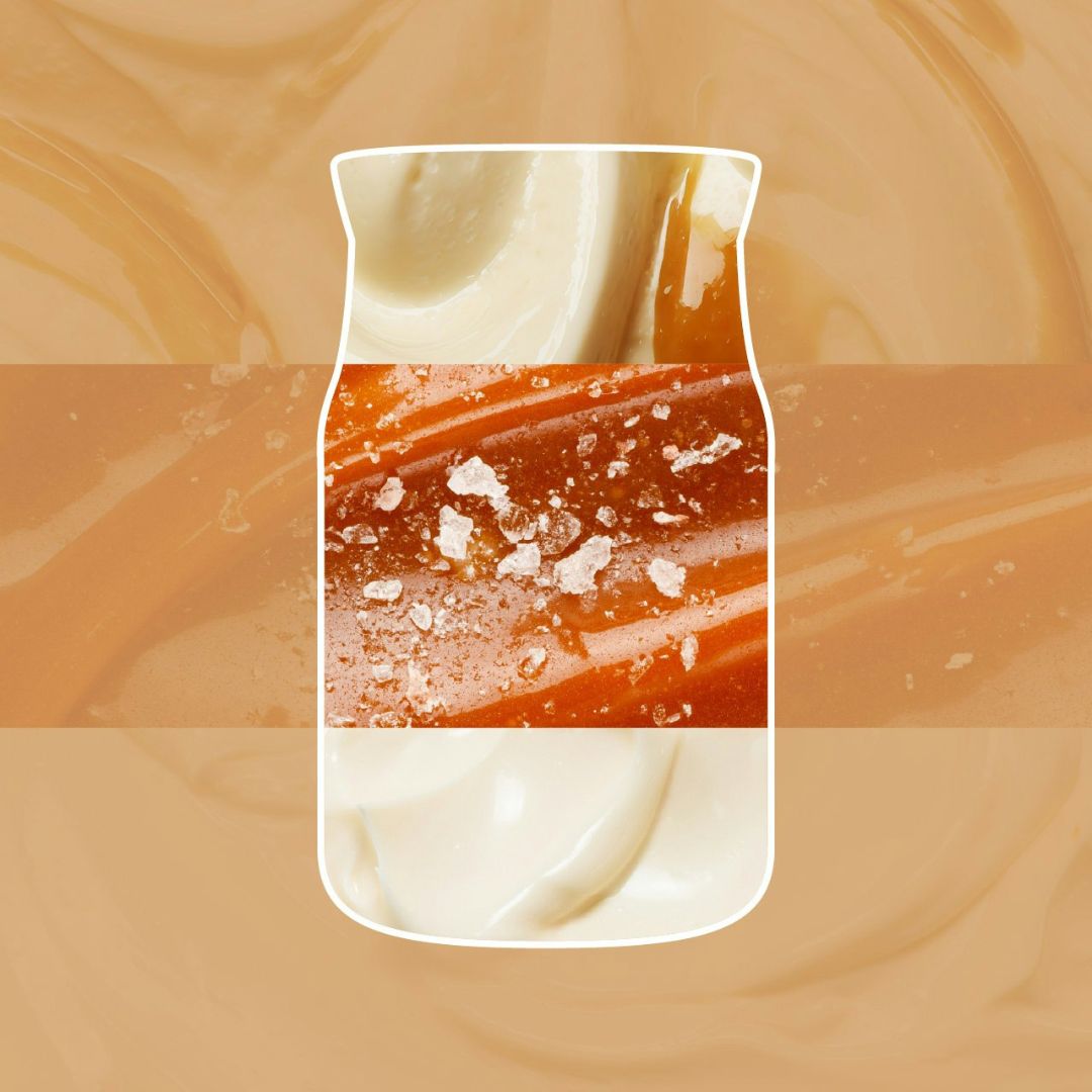 Collage con crema alla vaniglia, caramello salato e panna vellutata che richiama la profumazione della candela.
