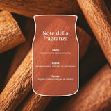 Scheda note della fragranza Cinnamon Stick con bastoncini di cannella sullo sfondo.