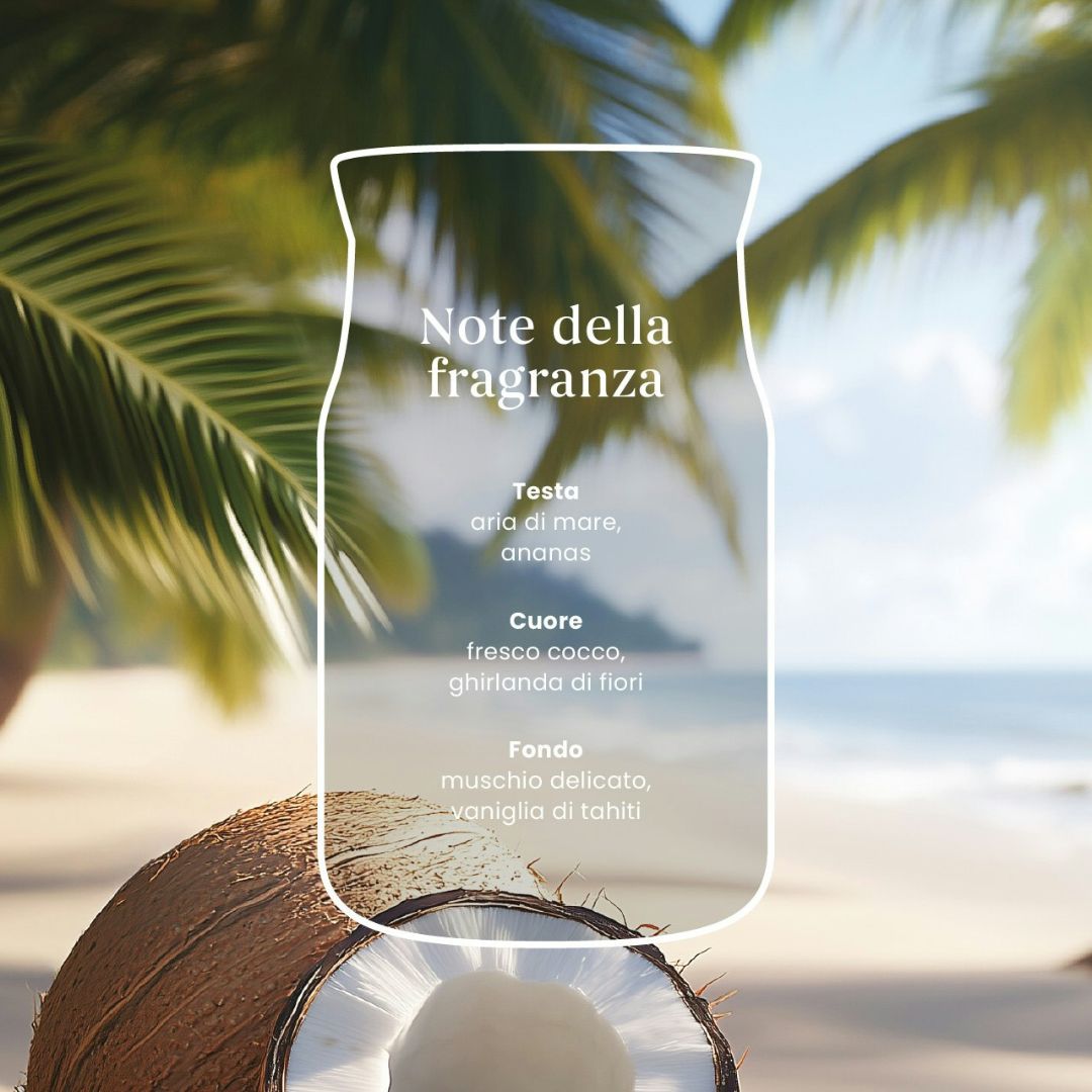 Scheda note della fragranza Coconut Beach con aria di mare, cocco fresco e vaniglia di tahiti.