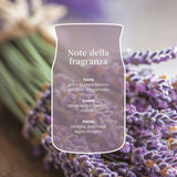 Scheda note della fragranza Dried Lavender & Oak con lavanda, davana e legno di cedro.