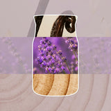 Collage con baccelli di vaniglia, lavanda e legno chiaro che richiama la profumazione della candela.