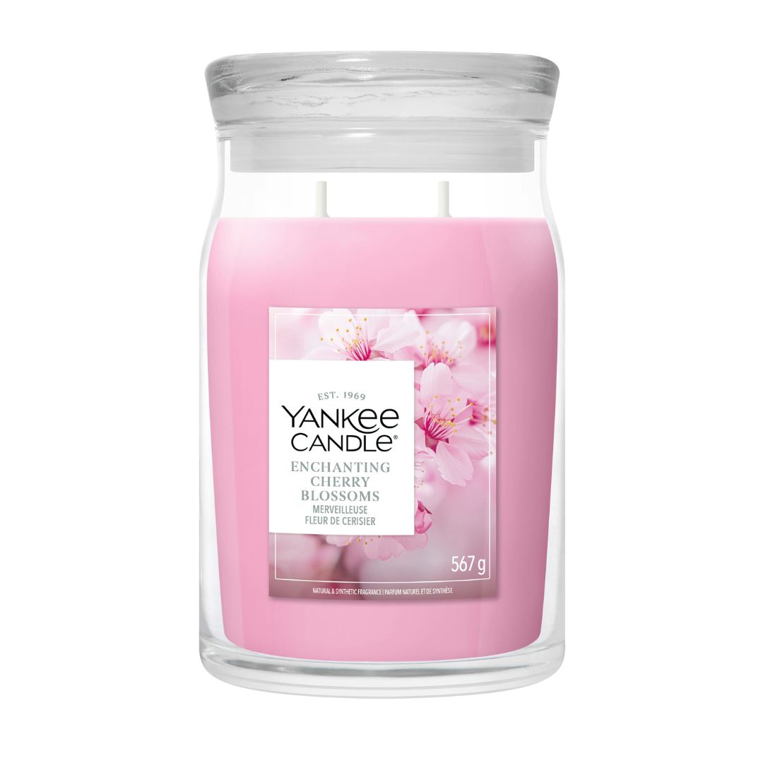 Candela Yankee Candle Enchanting Cherry Blossoms grande in giara di vetro.