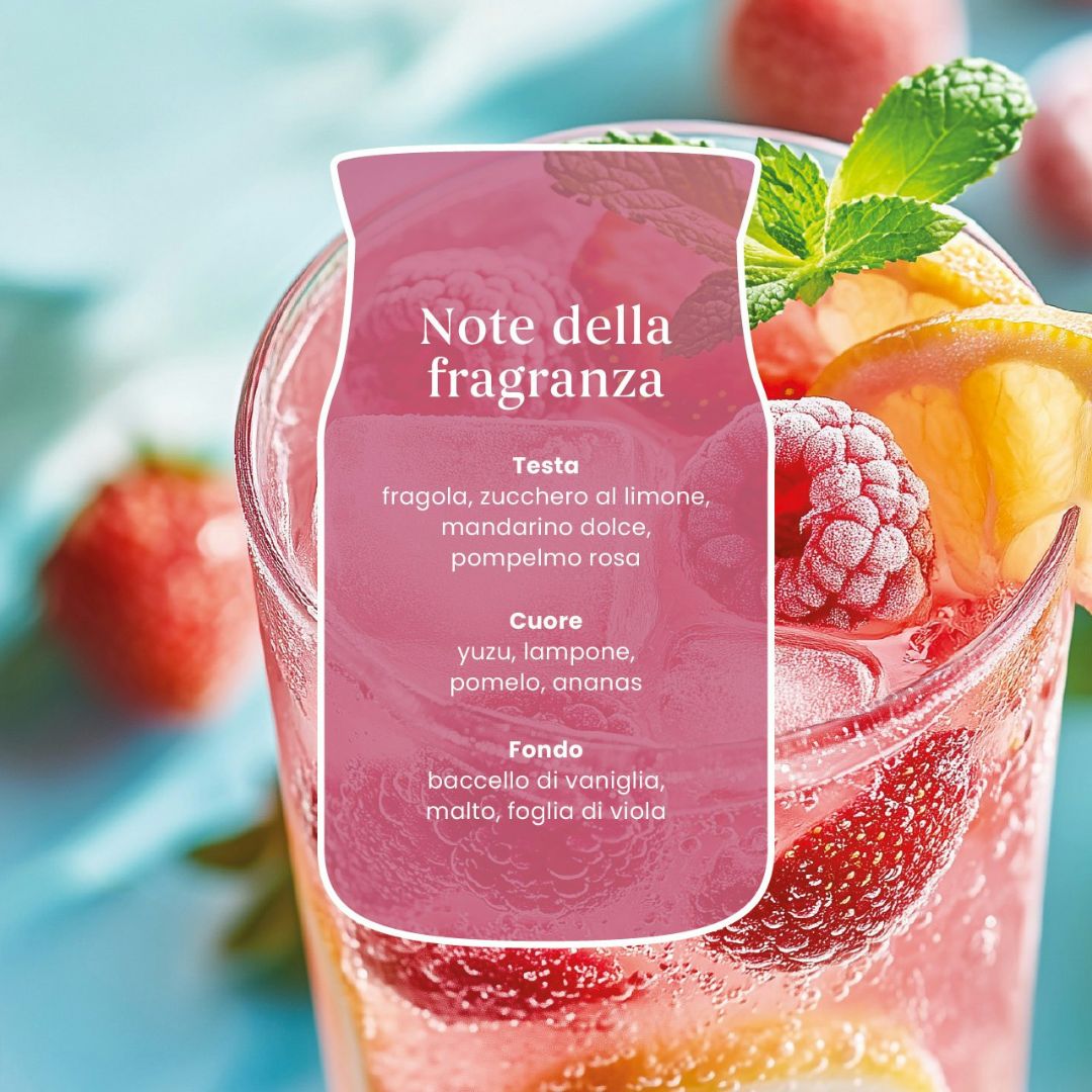 Scheda note della fragranza Iced Berry Lemonade con limonata rosa, ghiaccio, fragole, lamponi e agrumi.