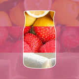 Collage con limoni, fragole e lamponi che richiamano la profumazione della candela.