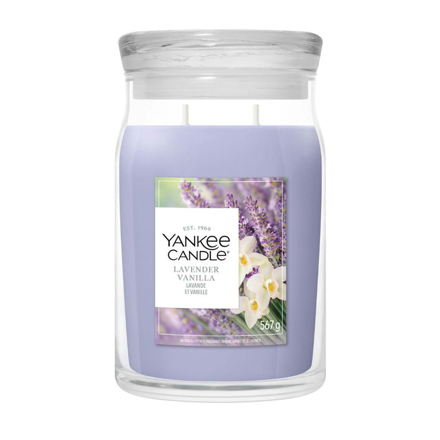 Candela Yankee Candle Lavender Vanilla grande in giara di vetro.