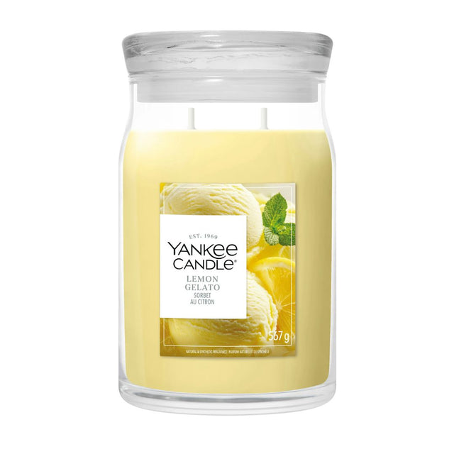 Candela Yankee Candle Lemon Gelato grande in giara di vetro.