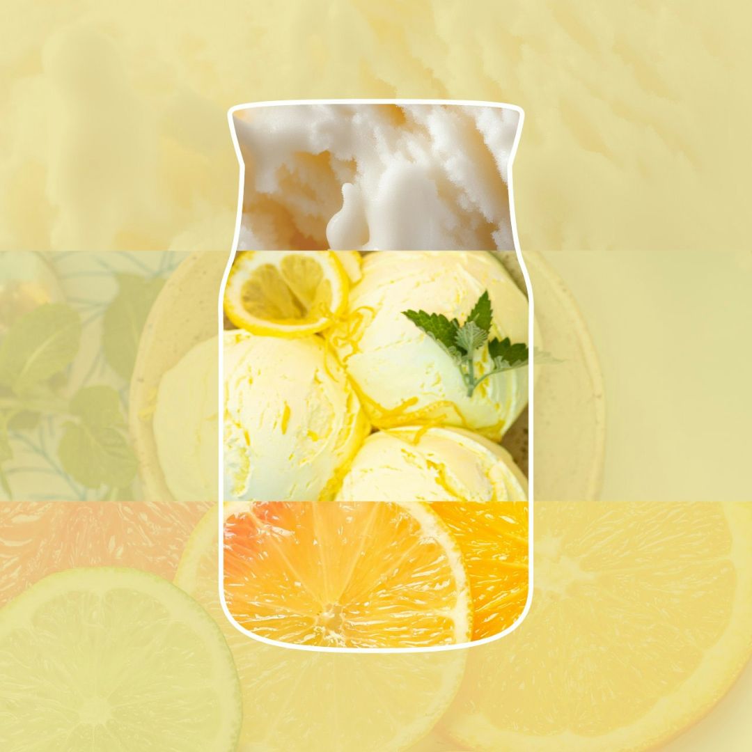 Collage con gelato al limone, scorze di agrumi e fette di arancia che richiama la profumazione della candela.
