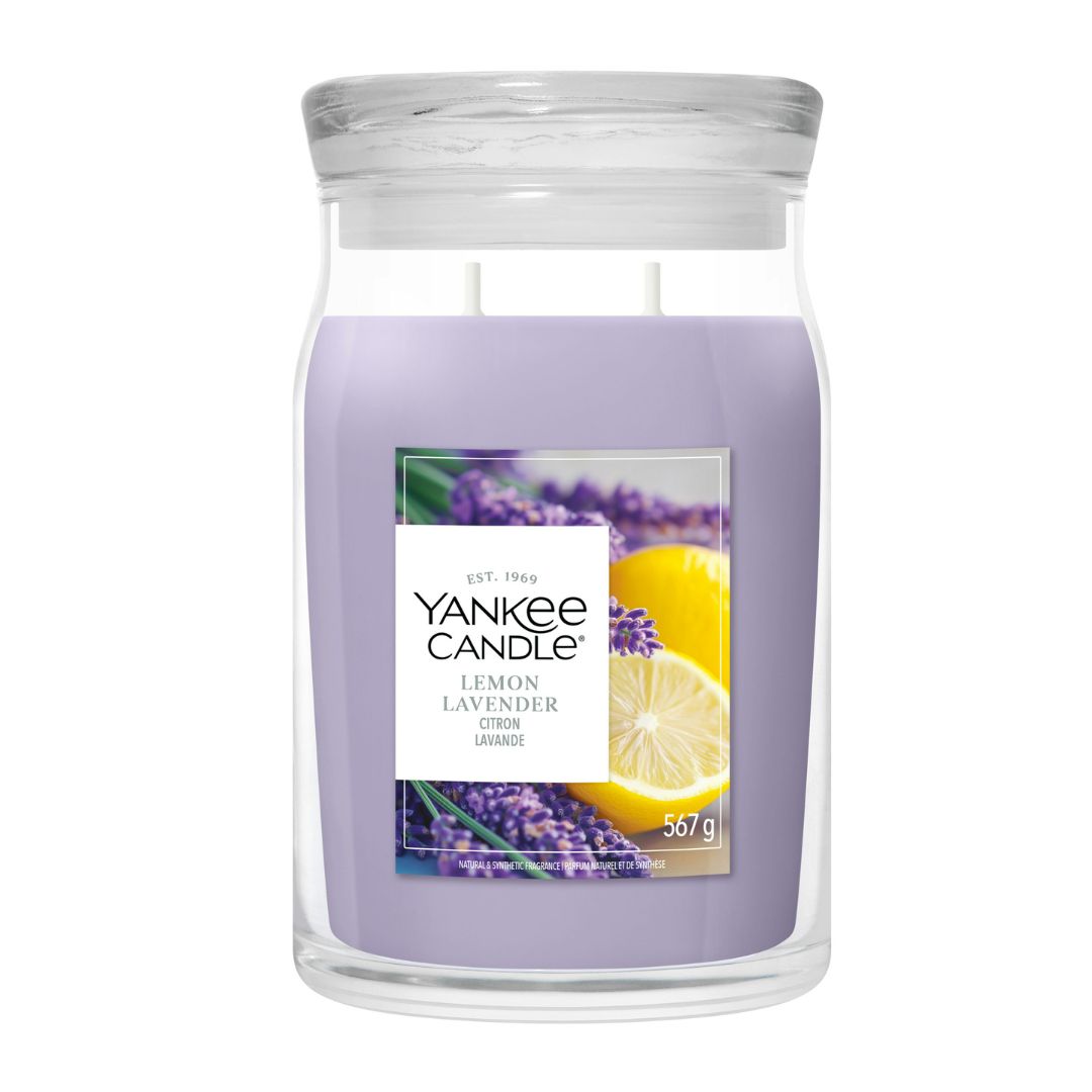 Candela Yankee Candle Lemon Lavender grande in giara di vetro.