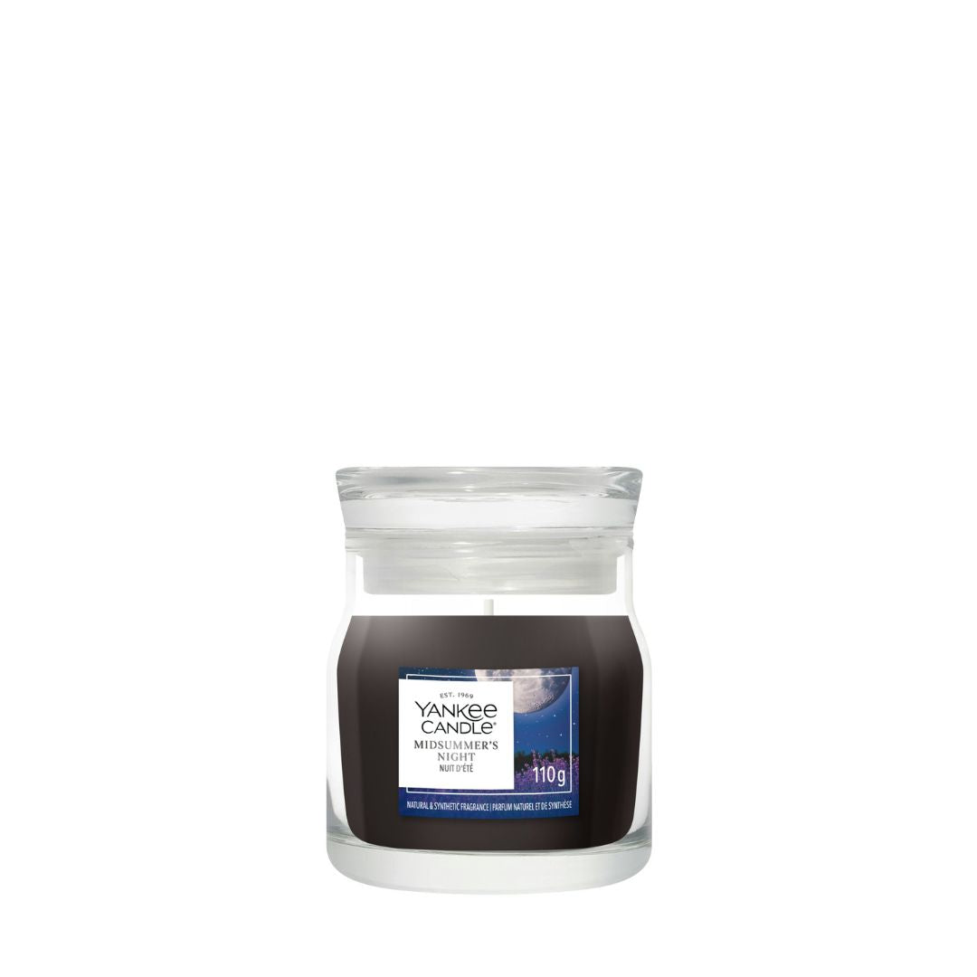 Candela Yankee Candle Midsummer’s Night piccola in giara di vetro.