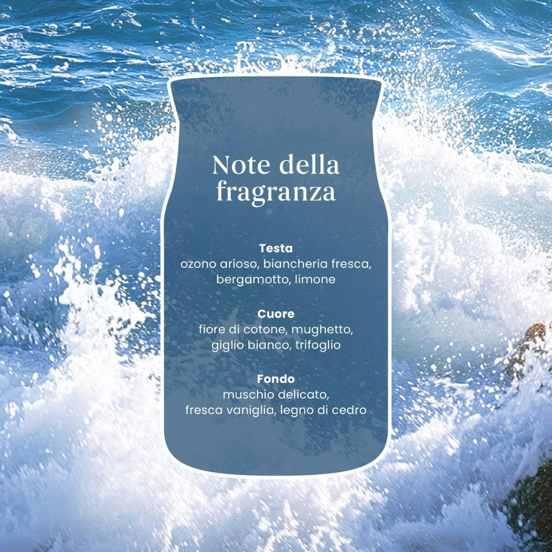Scheda note della fragranza Ocean Air con onde del mare sullo sfondo.