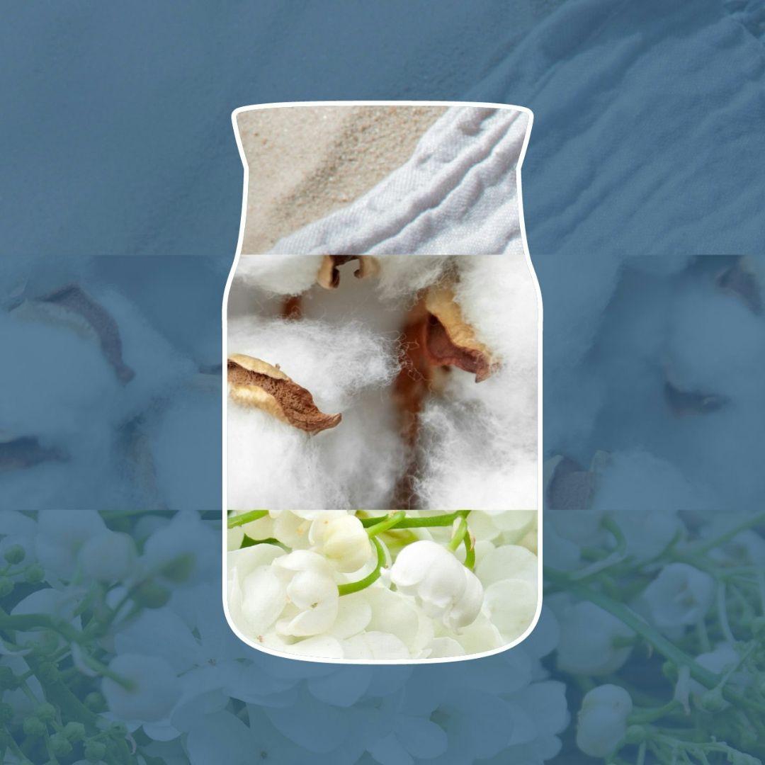 Collage con sabbia chiara, fiocchi di cotone e fiori bianchi su sfondo azzurro che richiama la profumazione della candela.
