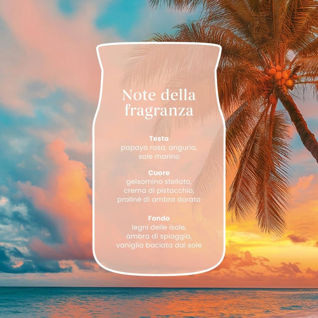 Scheda note della fragranza Pink Sands Glow con papaya rosa, anguria, sale marino, gelsomino stellato e vaniglia baciata dal sole.