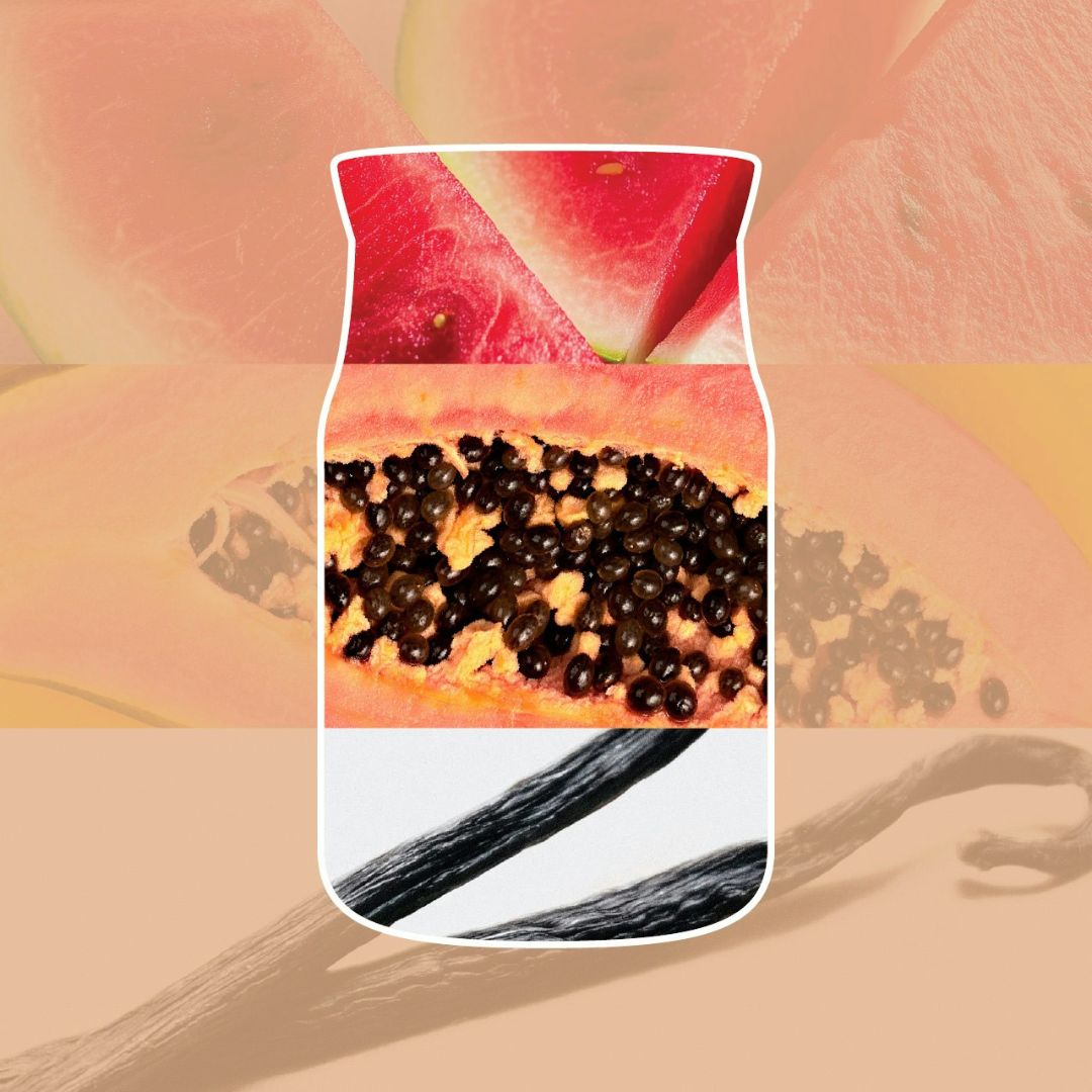 Collage con anguria, papaya e baccelli di vaniglia che richiama la profumazione della candela.