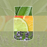 Collage con foglie di salvia, agrumi e fiori di lavanda che richiamano la profumazione della candela.