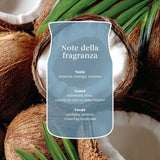Scheda note della fragranza Salted Coconut con cocco, frutta tropicale e sale marino.