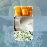 Collage con mango a cubetti, cocco cremoso e fiori bianchi tropicali che richiamano la profumazione della candela.