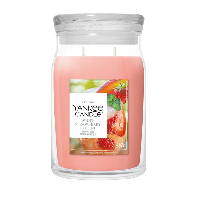 Candela Yankee Candle White Strawberry Bellini grande in giara di vetro.