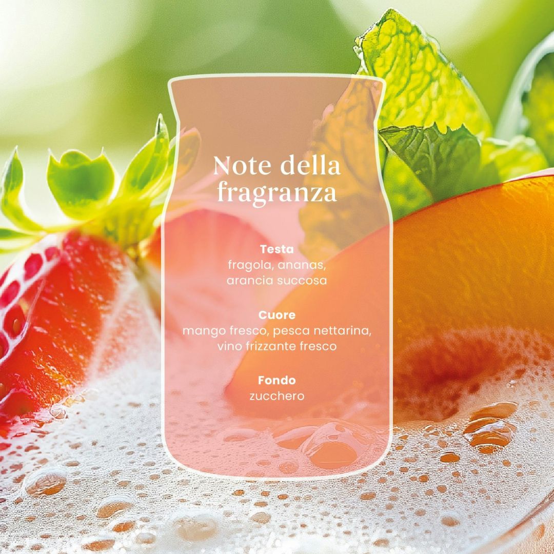 Scheda note della fragranza White Strawberry Bellini con fragola, ananas, arancia succosa, mango fresco, pesca nettarina, vino frizzante fresco e zucchero.