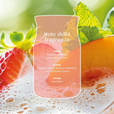Scheda note della fragranza White Strawberry Bellini con fragola, ananas, arancia succosa, mango fresco, pesca nettarina, vino frizzante fresco e zucchero.