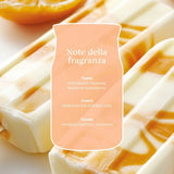 Scheda note della fragranza Tangerine & Vanilla con mandarino frizzante, nettarina del frutteto, rosa, vaniglia cremosa e zucchero.