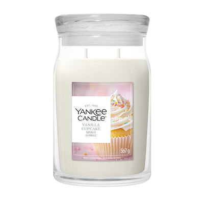 Candela Yankee Candle Vanilla Cupcake grande in giara di vetro.