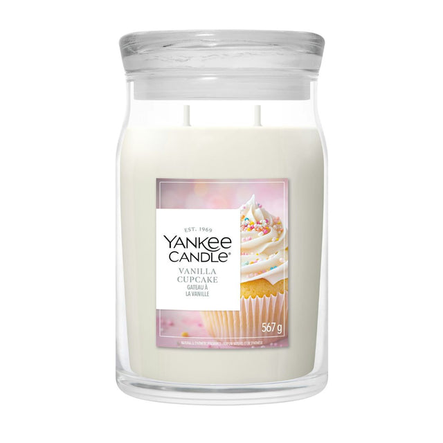 Candela Yankee Candle Vanilla Cupcake grande in giara di vetro.