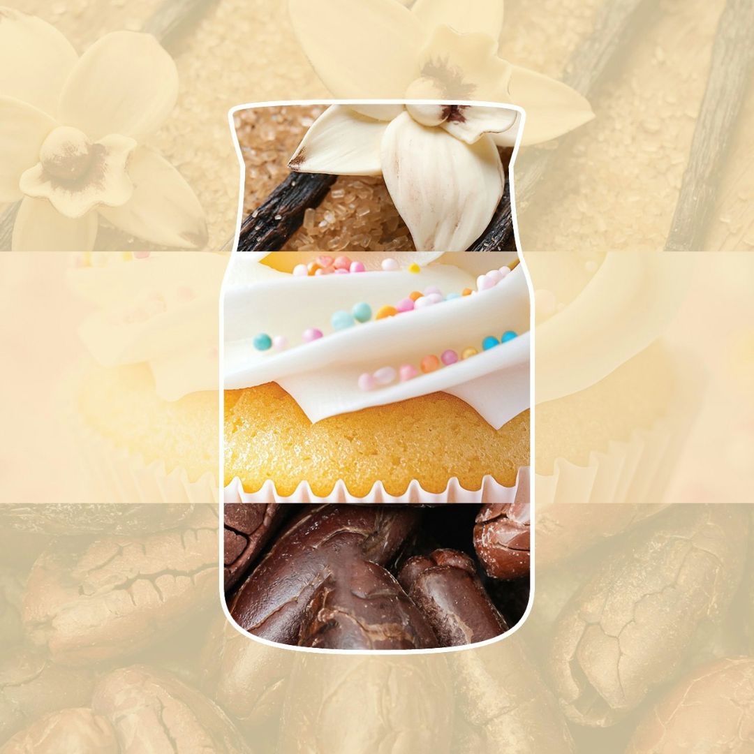 Collage con fiore di vaniglia, cupcake glassato e chicchi di caffè che richiama la profumazione della candela.