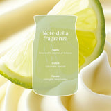 Scheda note della fragranza Vanilla Lime con crema alla vaniglia e lime sullo sfondo.