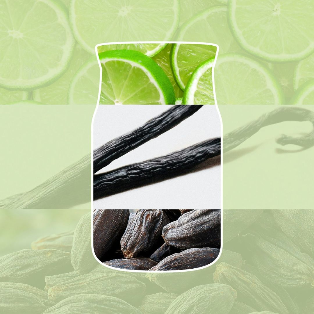 Collage con fette di lime, baccelli di vaniglia e fave di tonka che ricordano la profumazione della candela.