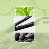 Collage con fette di lime, baccelli di vaniglia e fave di tonka che ricordano la profumazione della candela.