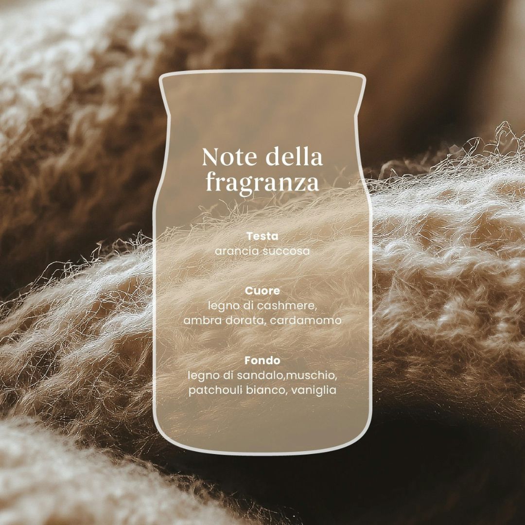 Scheda note della fragranza Warm Cashmere con morbido cashmere sullo sfondo.