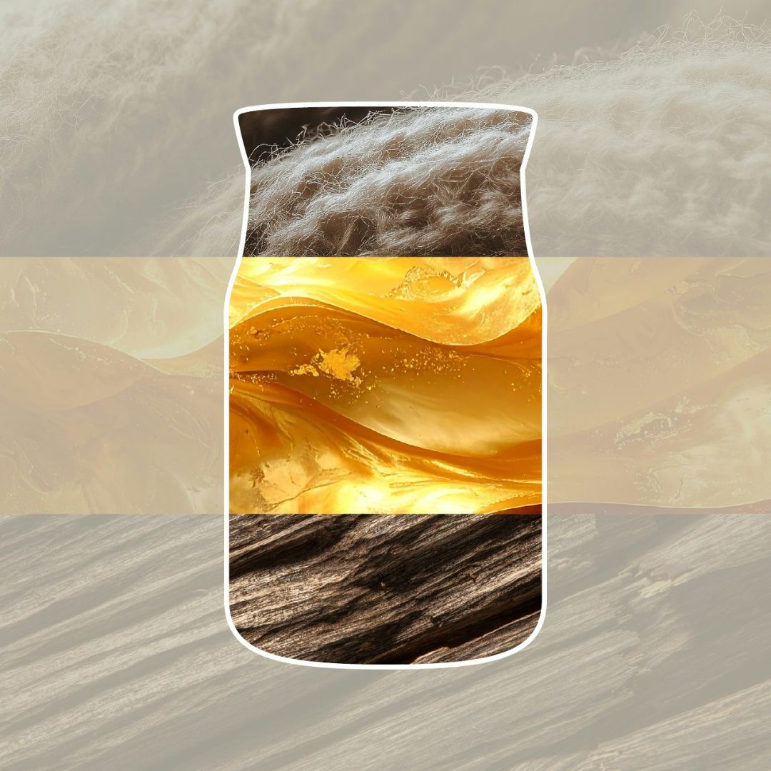 Collage con maglia in cashmere, ambra dorata e legno scuro che richiamano la fragranza della candela.