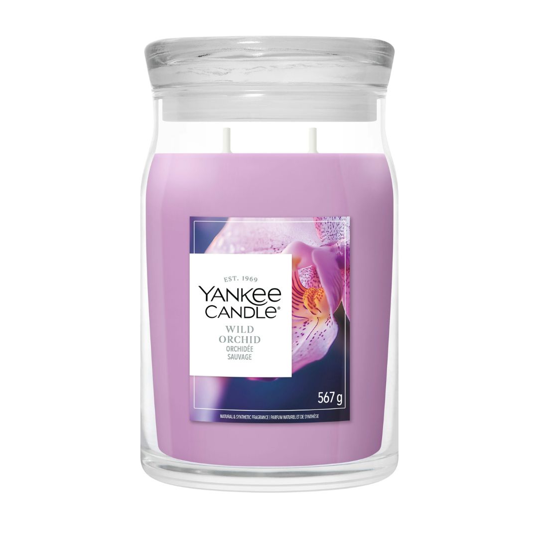 Candela Yankee Candle Wild Orchid grande in giara di vetro.