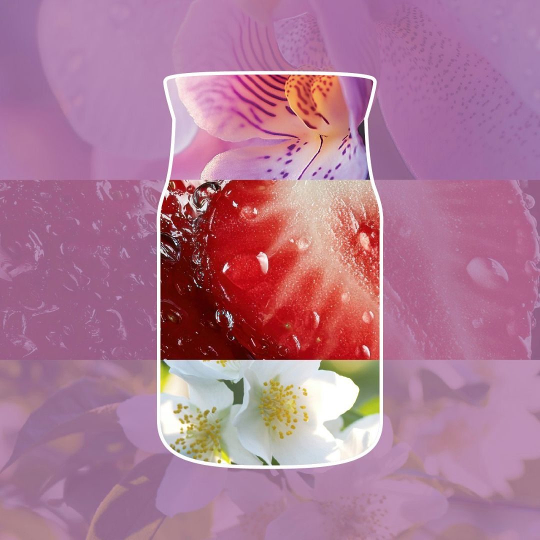 Collage con orchidea viola, fragola rossa e fiori bianchi che richiama la profumazione della candela.