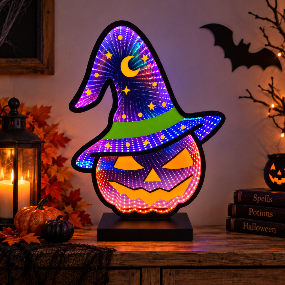 Zucca di Halloween Infinity illuminata con cappello da strega, ambientata tra zucche, lanterna e decorazioni autunnali