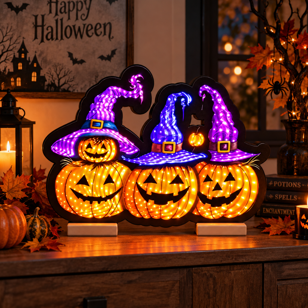 Quattro zucche di Halloween luminose con cappelli da strega, ambientate su un mobile tra decorazioni autunnali, lanterna e dettagli a tema Halloween
