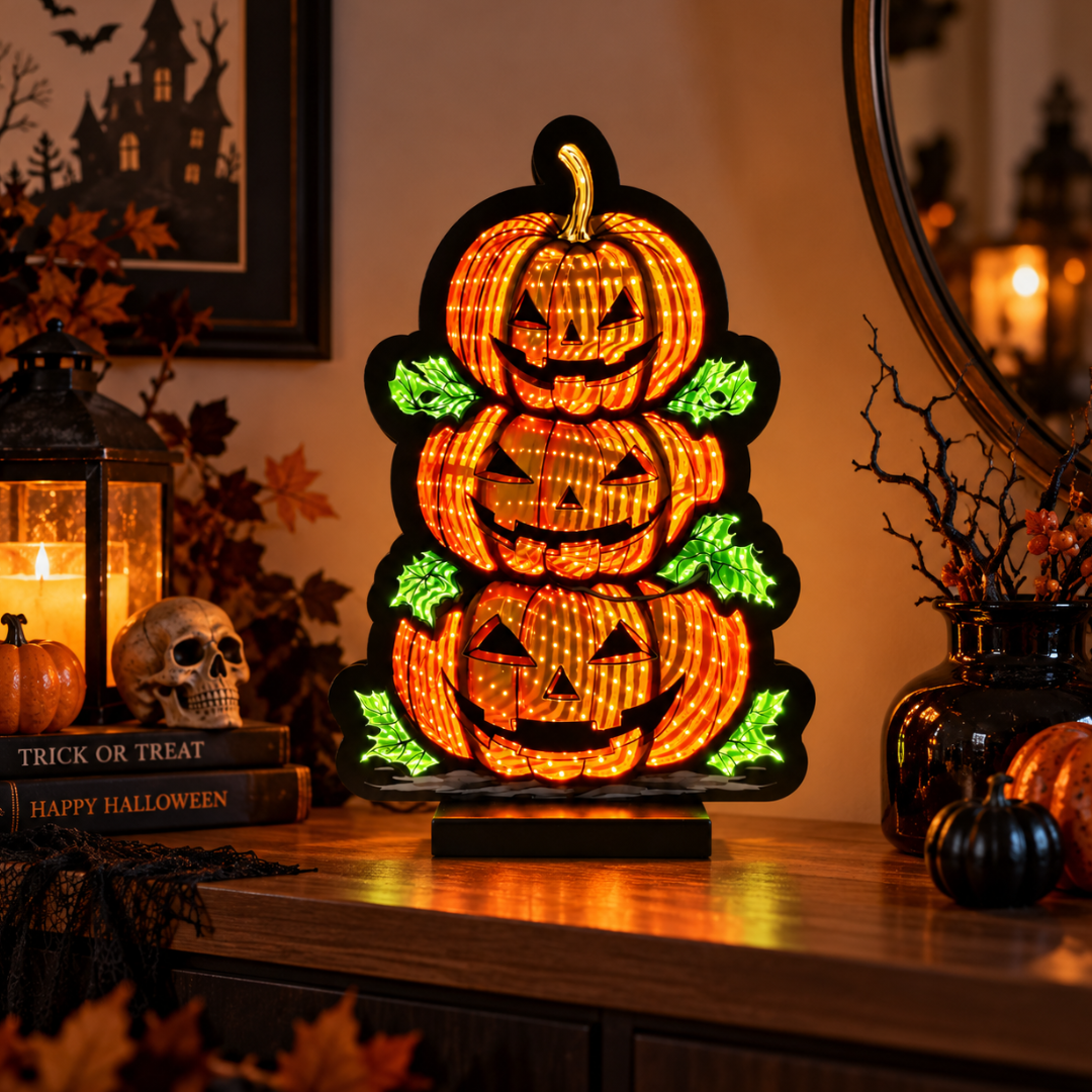 Decorazione luminosa con tre zucche di Halloween ambientata su un mobile, tra lanterna, teschio, zucche e dettagli autunnali