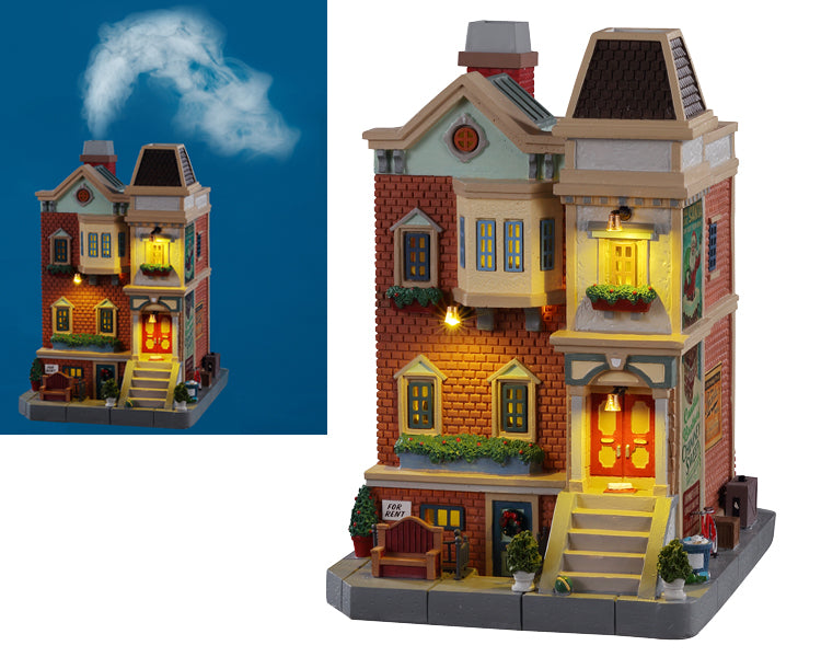 Wester St. Row House 15744 - Casetta Lemax su due piani con effetto fumo che esce dal camino.