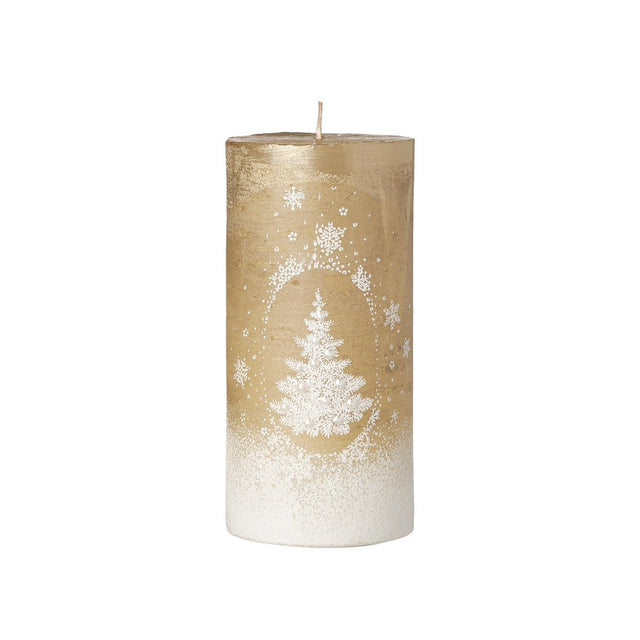 Candela Cilindro Decoro Albero Oro-Bianco 15 CM Candele Natalizie Decorate Garden Team