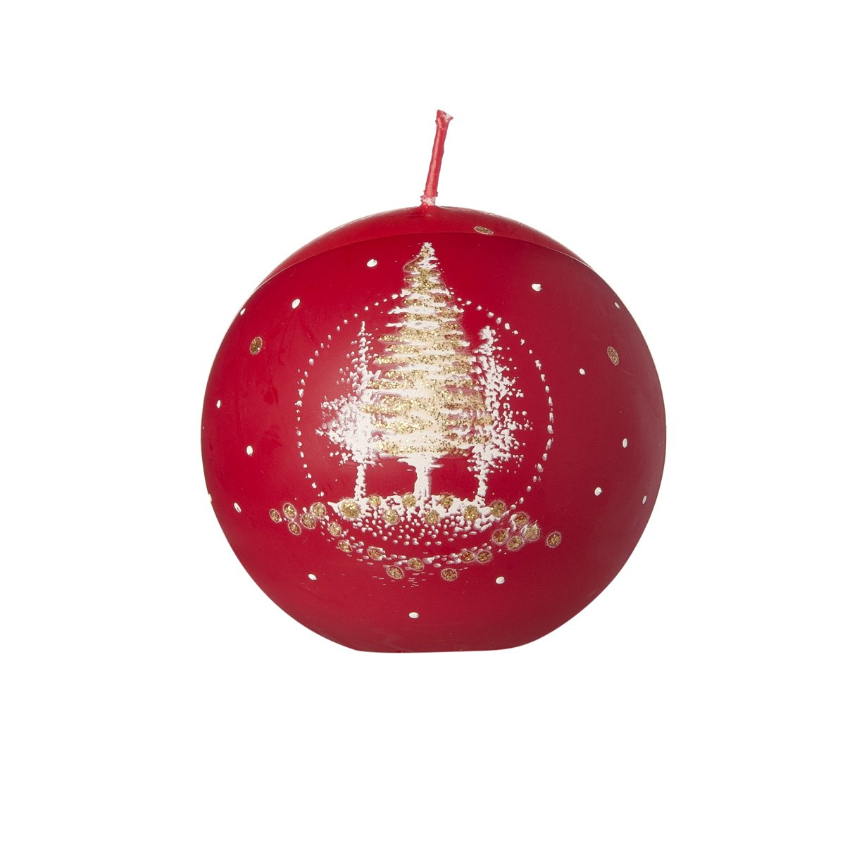 Candela Sfera dia 8 cm Rossa con Decoro Alberi Oro-Bianco Candele Natalizie Decorate Garden Team