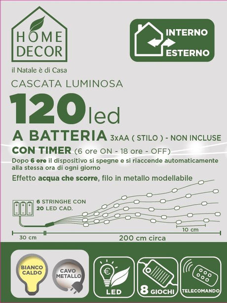 Cascata Cavo Metal Effetto Pioggia 120 LED Bianco Caldo Luci a Batteria Garden Team