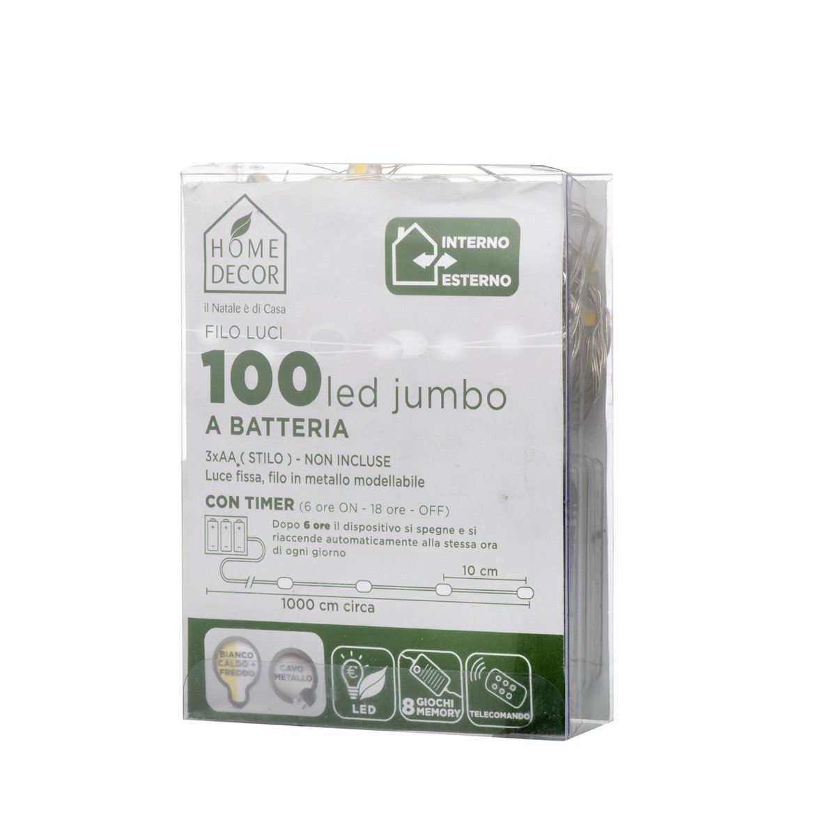 Cavo Metal Color Argento 100 LED Batteria Uso ESTERNO Luci a Batteria Garden Team