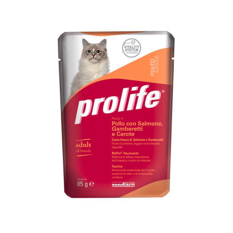 CIBO PER GATTI ADULTI POLLO SALMONE GAMBERETTI E CAROTE 85 G