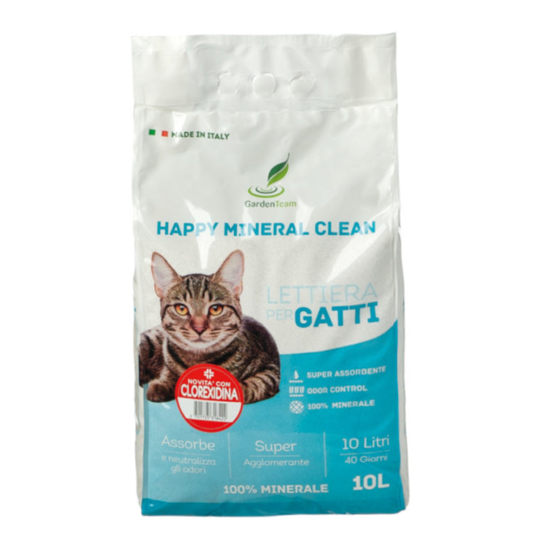 Lettiera per gatti Happy Mineral Clean, agglomerante minerale super assorbente con controllo odori e clorexidina.