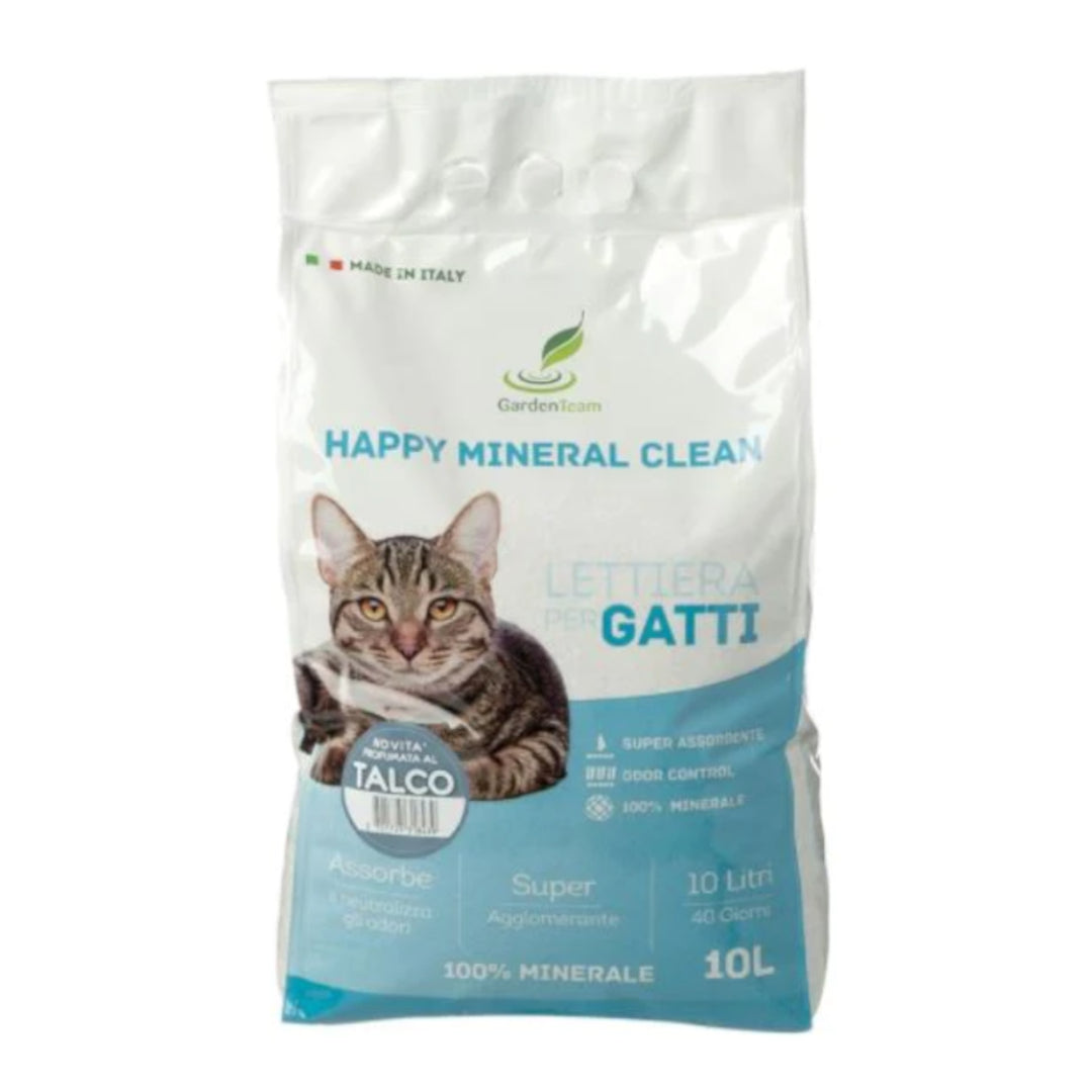 Lettiera per gatti Happy Mineral Clean, agglomerante minerale super assorbente con controllo odori profumata al talco.
