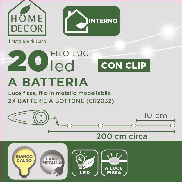 Molletta con Filo Metal 20LED Batteria Uso INTERNO Luci a Batteria Garden Team