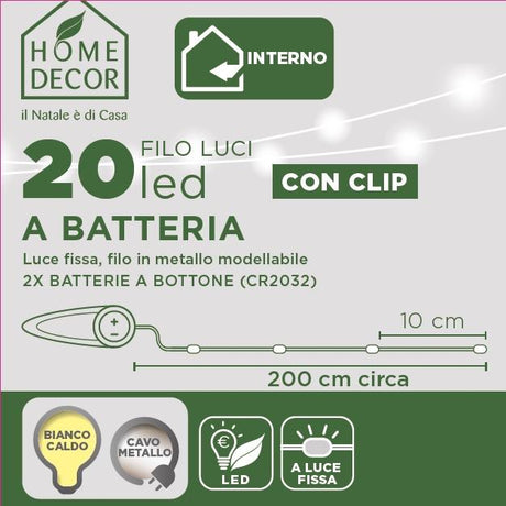 Molletta con Filo Metal 20LED Batteria Uso INTERNO Luci a Batteria Garden Team