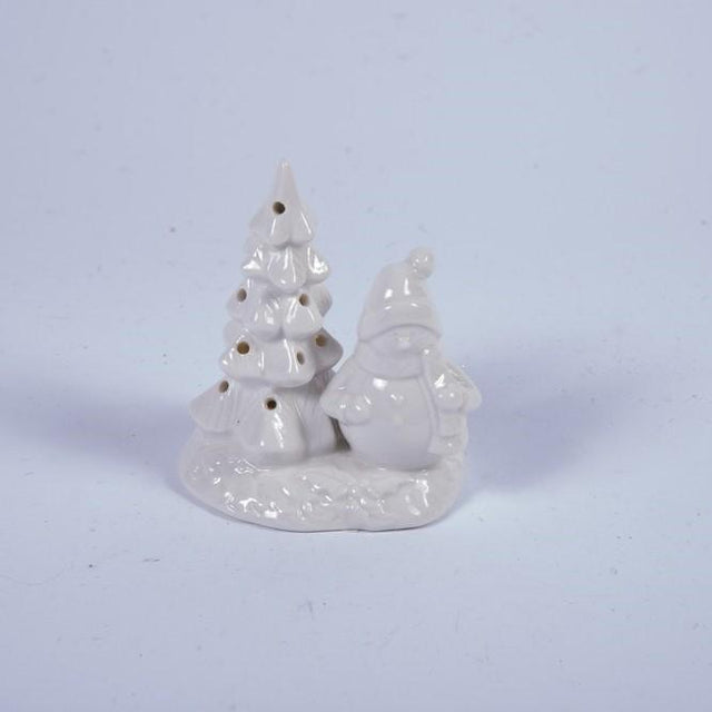 Pupazzo di Neve con Albero LED H11CM in Porcellana Bianca Decorazioni Luminose Garden Team