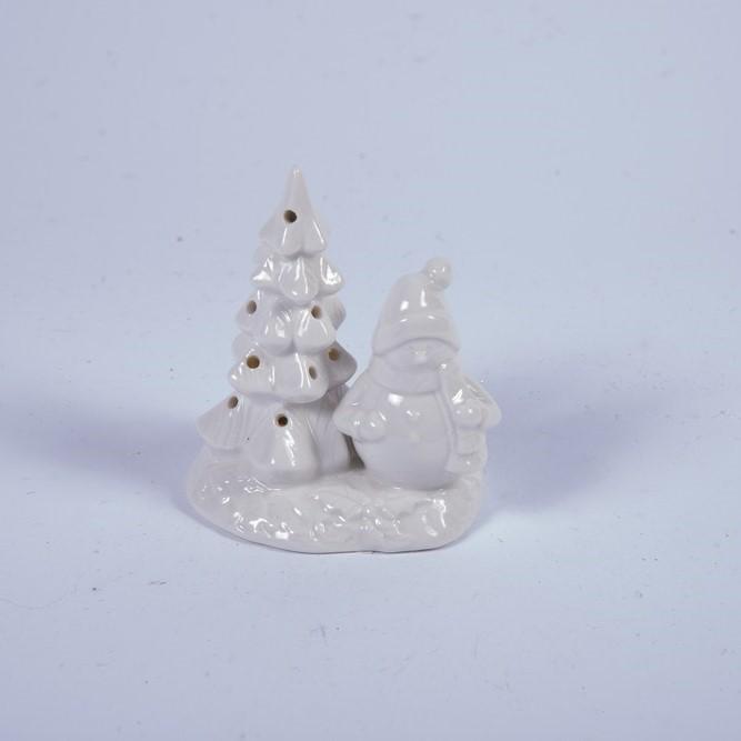 Pupazzo di Neve con Albero LED H11CM in Porcellana Bianca Decorazioni Luminose Garden Team