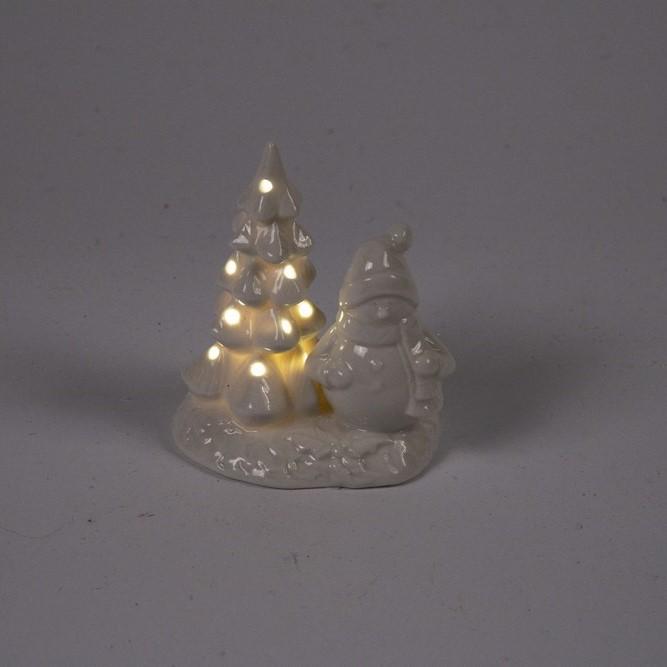 Pupazzo di Neve con Albero LED H11CM in Porcellana Bianca Decorazioni Luminose Garden Team